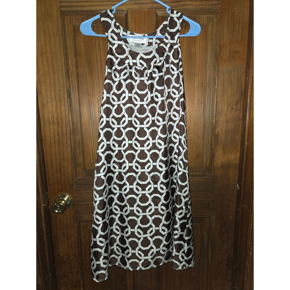 Skirtin Around Brown White Geometric Chain Link 100% Silk Shift Dress Size 6